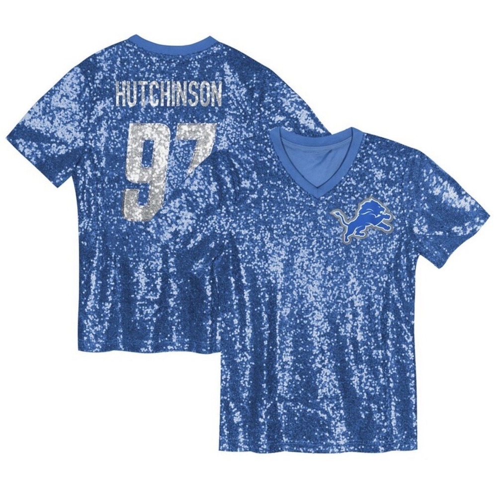 Detroit Lions NFL Girls Youth XL (16) Blue Sequin V-Neck Shirt Jersey Style NWOT